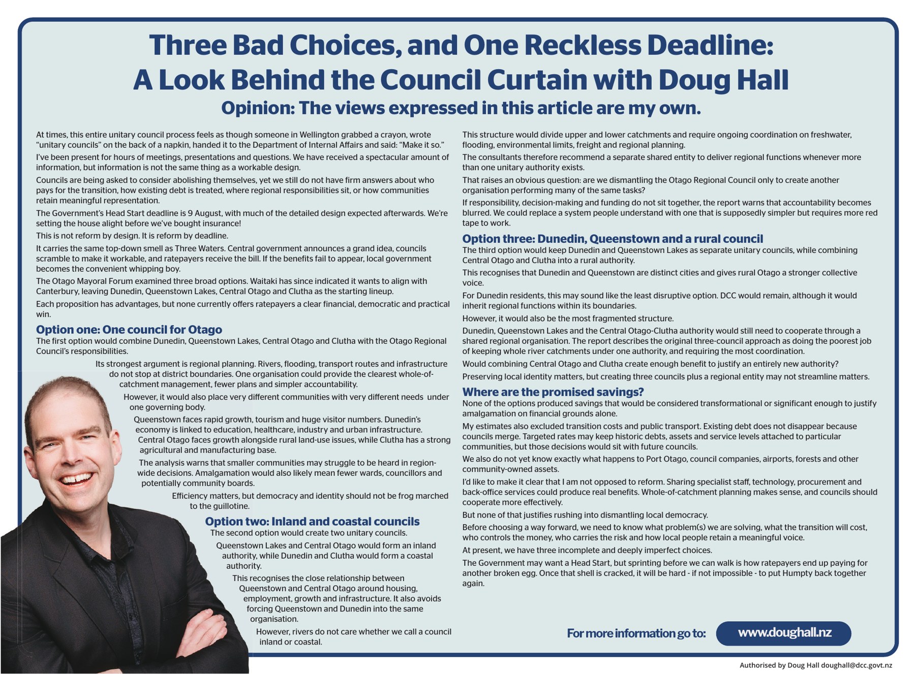 Preview of Doug Hall's 18 July 2026 opinion piece titled Three Bad Choices, and One Reckless Deadline